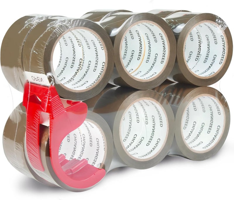 CHUANGSEED 12-Pack Brown Packing Tape with Dispenser, 2.4 Mil 1.88 Inch x 60 Yards,Total 720yds,12 Refills Rolls Packaging Tape for Moving, Shipping and Storage - Image 1